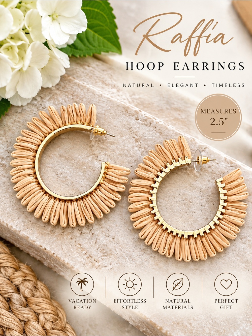 Gold & Natural Raffia Hoop Earrings 2.5" | Boho Resort Summer Statement